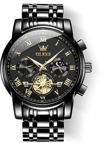 OLEVS Orologio da polso da uomo, due tonalità, in acciaio inox, al quarzo, cronografo con diamanti, fasi lunari, quadrante oro, blu, nero, impermeabile, luminoso, Tutto nero