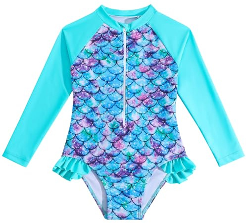 WYTbaby Traje de baño UV para niña de una sola pieza, manga larga, camiseta UV, traje de baño de verano para niñas de 3 a 8 años, verde, 3-4 años