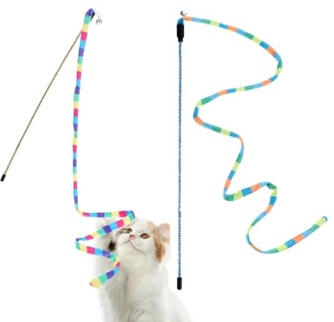 InnoHHustle 2 Pcs Interactive Cat Rainbow Wand Toys, Cat Teaser Wand and String Toy Colorful Ribbon Strong and Sturdy Pole with Small Bells for Indoor Cats and Kittens to Play Chase Exercise for Fun