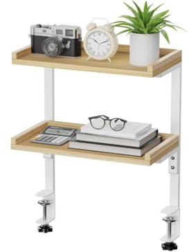 THYGIFTREE Clamp On Desk Shelf 2-Tier, Wood Shelving Unit for Office Gaming Accessories, Tabletop Book Storage Rack, Shelf for Top of Desk, Brown (Walnut)