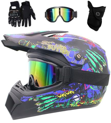 Youth Kids MTB Motocross Helmet Set, with Gloves Goggles Mask, Unisex Full Face ATV Offroad Street Motorbike Helmets, Downhill Enduro Quad Dirt Bike Crash Helmet(Matte Black,M/54-55CM)