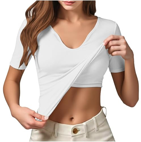 Débardeurs à manches courtes pour femme avec soutien-gorge intégré et col en V T-shirts basiques d'été pour sortir, vêtements de sortie 2026