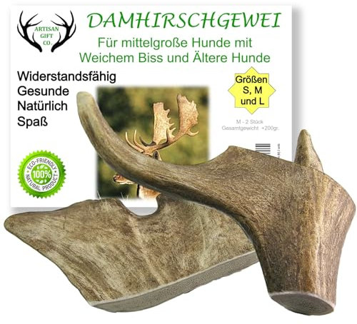 ARTISAN GIFT CO Corni di Daino da Masticare per Cuccioli e Cani, Palco 100% Naturale - peso minimo Confezione 200gr. (2 unità (Confezione da 1), M)