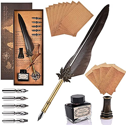 GOLDGE Penna Piuma D'oca Set Con 5 Pennini Di Ricambio, Calligrafia Stilografica, Quill Set Con Inchiostro, Portapenne, 8 Fogli Da Lettera E 4 Buste