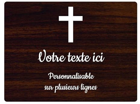 Plaque gravée funéraire motif Croix Chrétienne autocollante 20x15 cm personnalisée 1 à 3 lignes Bois