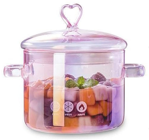 ERINGOGO Glass Cooking Pot with Cover and Handle - 1.5L/50oz Stovetop Cooking Pot with Lid Heat Resistant Glass Saucepan High Borosilicate Cookware Simmer Pot Clear Soup Pot - Pink