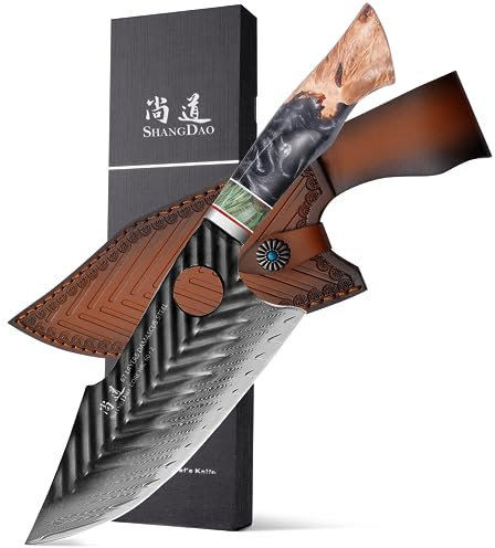 SHANGDAO Coltello da macellaio Damasco 17,5 cm Coltelli da cucina mannaia vichinga con fodero in pelle 67 strati di acciaio legato con resina forgiata a mano professionale e manico in legno