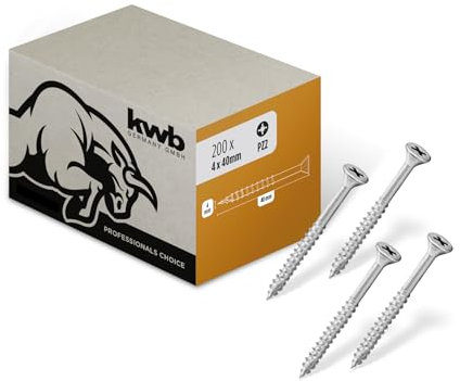kwb Vite per legno 4x40 mm, PZ2, 200 pezzi, viti per legno con impronta a croce, viti per pannelli truciolari, viti per legno, filettatura parziale, rivestimento Cr3, punta tipo 17