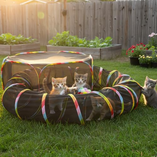 Naielfopet 2 in 1 Outdoor Cat Enclosure, Scalable Portable Pop Up Cat Tent with Mesh Tunnel, Storage Bag & Toy Ball, Catio Playground for Outside Cats, Rabbits & Small Puppies