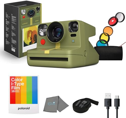 Polaroid Cámara instantánea Now+ Gen 2, verde bosque, cámara de película Bluetooth Now Plus, con kit de filtro de lente de 5 piezas y bolsa, película de 8 colores, funciona con película Polaroid