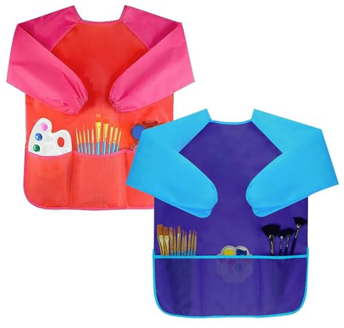 Moseem Malschürze Kinder 2 Stück, Malkittel Kinder Wasserdicht 3-8 Jahre Mädchen/Junge, Bastelschürze Kinder mit Ärmeln und 3 Taschen für Schule Kunst Malerei,Kochen,Essen,Laboraktivität(Blau & Rot)