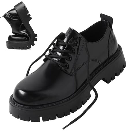 Men's Leather Lace Up Platform Oxfords Round Toe Chunky Heel Lug Sole Heightening Soft Bottom Derby Casual Shoes Classic Work Office Business Dress Shoes (Black,13)
