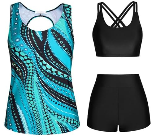 2025 Tankini Mujer Abdominal Traje de Baño Conjuntos de 3 Piezas Estampado de Flores Traje de Baño Vestido de Baño Cintura Alta con Bañador y Parte Superior Traje de Baño Push Up Swimwear Verano Playa