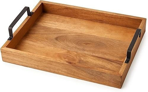 Assorted Collections Wooden Trays with Cast Handles - Premium Quality Decorative Serving Trays for Coffee Table -Wooden Snack Tray Versatile for Meal Service, Home Decor, and Entertaining (Large)
