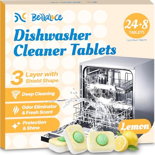Dishwasher Cleaner Tablets - Dishwasher Cleaner And Deodorizer Tablets Lemon Scented, Heavy Duty Deep Clean Descaler Pods for Septic Safe, Prevents Buildup & Odor, Natural Limescale Remover (32 Pack)