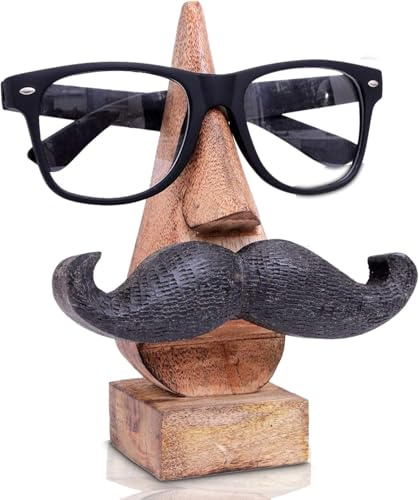 Dugan Wooden Spectacle Stand Holder, Mustache Eyeglasses & Sunglasses Holder Stand, Handcrafted Wooden Glasses Organizer for Desk, Office & Bedside Table, 6 x 2 Inch, Brown