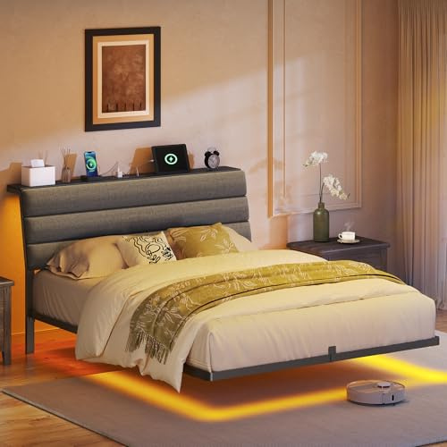 STHYTON Letto a Piattaforma Sospeso 140 x 190 cm con LED e Stazione di Ricarica, Testiera Contenitore Ergonomica, Struttura Letto in Metallo Robusto, Senza Box Spring, Facile da Montare