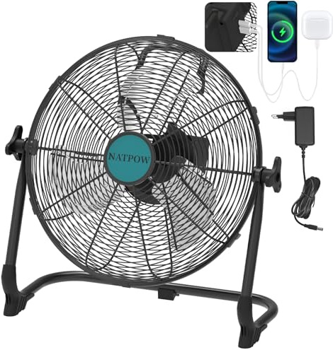 NATPOW Ventilateur Compatible avec Makita 18V, 15W Brasseur d'air avec Type C et USB, 30 cm Ventilateur de Sol, Adaptateur 1,5 m Inclus, Silencieux pour Camping, Plage, Pêche, Chantier, sans Batterie