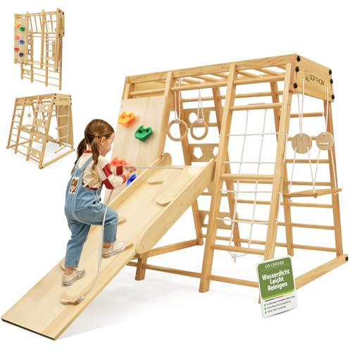 SOFTHOM Gran estructura de escalada interior (plegable), parque infantil 10 en 1 para niños, equipo de escalada Montessori de madera con tobogán, columpio, pared de escalada, red de escalada, torre de