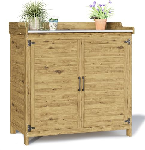 Blishom Mesa de Jardín para Plantas, Espaciosa Mesa de Trabajo Exterior con Encimera para Herramientas de Jardín, Armario de Madera con Estantes Interiores para Patio, 98×47×94 cm (Natural)