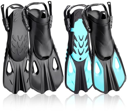 Shappy 2 Pairs of Snorkel Fins Swim Fins Travel Size Short Adjustable Buckles Open Heel Swim Flippers for Snorkeling Diving Swimming Adult Men Womens(Black, Green,L/XL (Adult US Size 9-13))