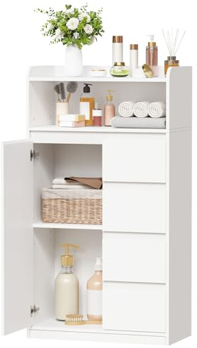 ANWBROAD Badezimmerschrank, Badschrank mit 4 Schubladen, 1 Schranktür, 5-lagige Verstellbarer Ablage, Badezimmer Kommode für Badezimmer, Wohnzimmer, Küche,110 × 60 × 30 cm, Weiß, SBC014W