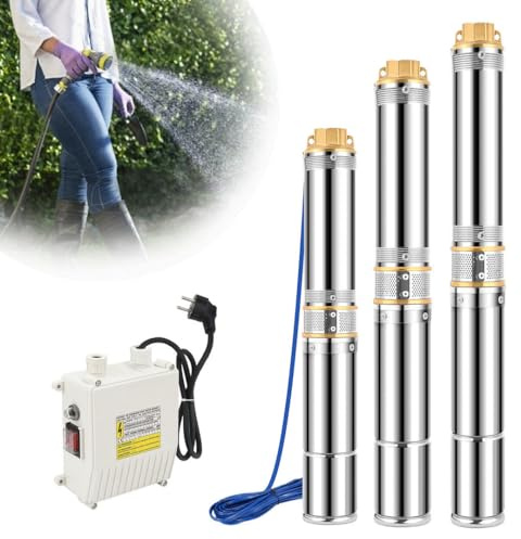 Ollewiellan Pompa per pozzo profondo 750 W, pompa per pozzo 4000 l/h, 230 V, pompa sommersa, max. altezza di mandata 67 m, pompa tubolare, acciaio inox, pressione 6,7 bar, IP68, argento