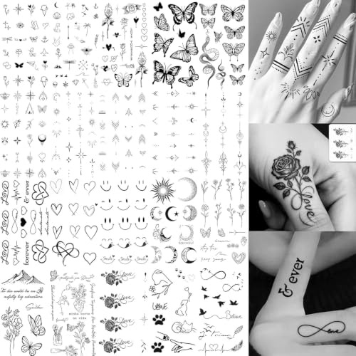 Glamoreal 20 pezzi di piccoli tatuaggi neri con rose e fiori, tatuaggi temporanei per donna e adulti, piccoli tatuaggi realistici con frecce, mezzaluna e stelle per dita e mani