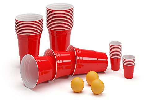 Ultimate Beer Pong Party Package | 50 Coupes de fête Rouges | y Compris 50 Coupes Rouges, 3 balles et règles | Bière Party Pong | Extra Fort | Gobelets en Plastique (50 Tasses, 50 Coups et 3 balles)