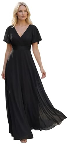 Ever-Pretty Vestito da Sera Donna Stile Impero Linea ad A Scollo a V Maniche Corte Lungo Nero 58