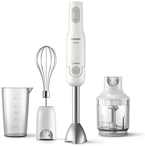 Philips HR2543/00, neue Daily+ Collection, 700 W, weiß, ProMix-Technologie, 2 Geschwindigkeitsstufen + Turbo, Metallstange, Schneebesen, kompakter Zerkleinerer, Becher