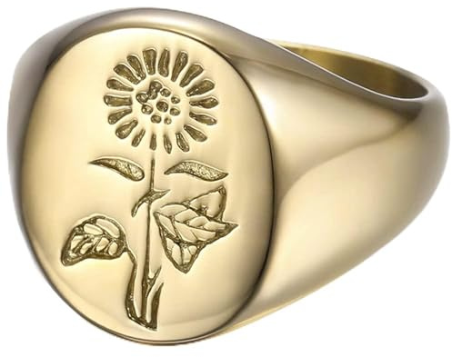 Jude Jewelers Stainless Steel Sun Flower Patter Signet Style Wedding Engagement Promise Anniversary Statement Ring (Gold, 9)