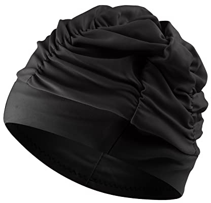 Swim Caps for Women Swimming, Fabric Nylon Cloth Swim Cap, Comfort Pleated Swimming Cap for Long Hair, Not Waterproof Elastic Bathing Caps, Swim Hat Keep Hairstyle Unchanged(1pc-Bright Black)
