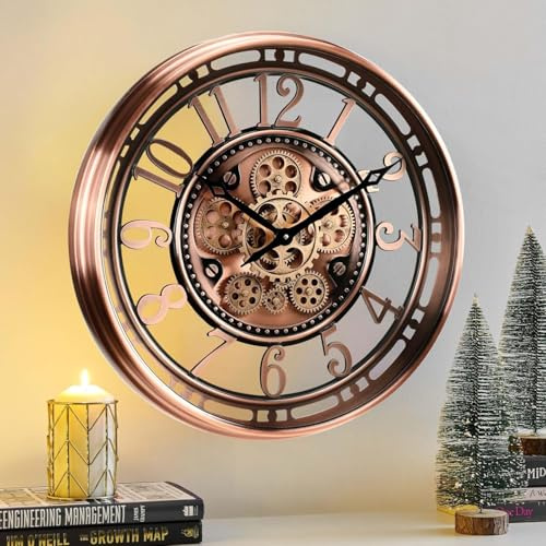 Wanduhr mit echtem Bewegungsgetriebe Zahnrädern, modern, 53,3 cm, industriell Steampunk, groß, Metall,Wanduhr für Wohnzimmer, Dekor, Büro ,Küche, antike Bronze, Kupfer römische oder arabische Ziffern