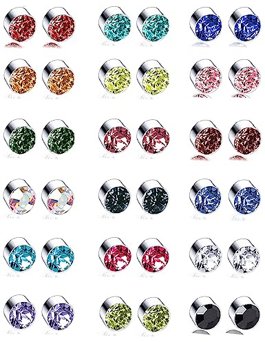 Torniro 18 Pairs Magnetic Stud Earrings Colors CZ Clip on Non Piercing Fake Stud Earrings Set for Women 4mm