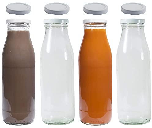 mikken Botella de Cristal de para Zumo de Leche con 8 Tapas, Blanco, Incluye Etiquetas, 500ml Capacidad, Caja de 4