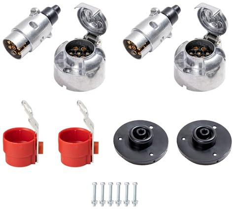 TAEUYYM 2 Stück anhänger Stecker Steckdose 7 Polig, 12V Wasserdicht Aluminiumlegierung, Mit Halter und Gummidichtung, Für LKW KFZ