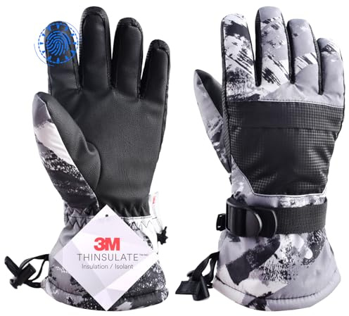 TRIWONDER Kids Winter Snow Ski Gloves Waterproof Touch Screen Cold Weather Gloves Boys Girls Snowboarding Skiing Sport Mittens (Grey, S (9-13 Years Old))