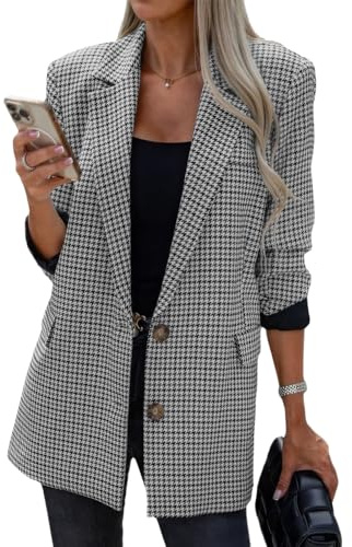 ebossy Women's Casual Oversized Blazer Suit Notch Lapel Button Plaid Work Office Jacket Wool Pea Coat (XL, Grey)