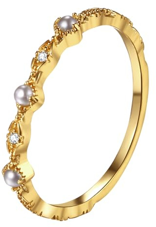 Cupimatch Anello da donna con perle di zircone: anello da donna con perle dorate, impilabile, sottile, elegante, piccolo anello d'oro, regalo per donne e ragazze, Ottone, Zirconia cubica