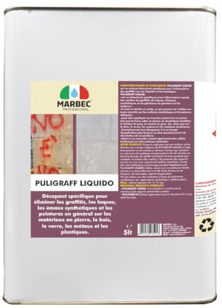 MARBEC PULI GRAFF LIQUIDO 5LT Décapant pour graffitis, laques, émaux synthétiques et peintures sur la pierre, le bois, le verre, le métal et le plastique.