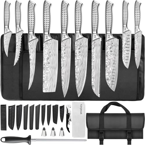 MOSFiATA Set Coltelli da Cucina Professionali con Borsa per Coltelli, Fodero e Affilacoltelli, Coltello da Cucina per Picnic Campeggio Barbeque, 17 Pezzi