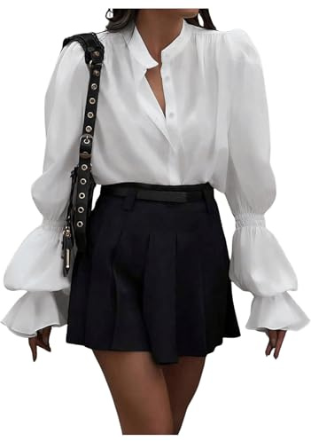 SweatyRocks Women's Puff Sleeve Button Down Shirt Vintage Loose Fit Blouse Dressy Casual Tops White Large