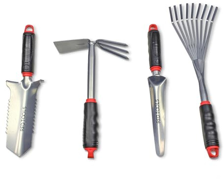 Red Tools Profi Garten -Set 4 TLG. - Multifunktions- Gartenschaufel mit Wurzelsäge, Kombihacke, Pflanzkelle & Handrechen für präzise Arbeiten im Garten (Grau)