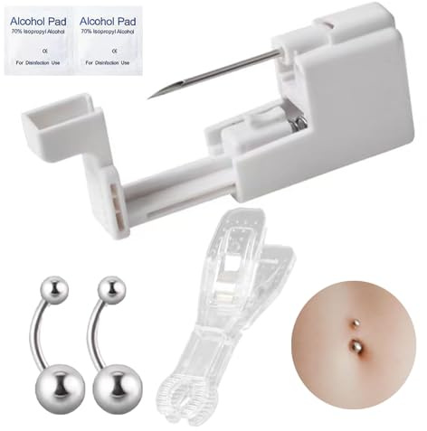 Belly Button Piercing kit, Belly Button Piercing Needles Gun Set, Sterile Belly Button Piercing Set Tool with 2 Belly Button Rings, Safety Portable Self Belly Button Piercing Kit for Women Men