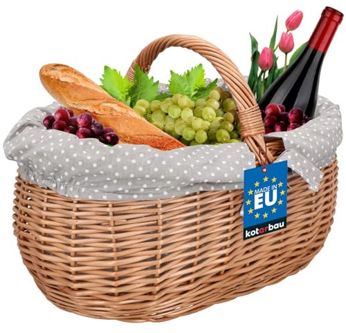 KOTARBAU® Picknickkorb Weidenkorb 47 cm Naturfarbe Einkaufskorb mit Grau Stoffeinsatz Osterkorb Geschenkkorb leer Präsentkorb Weidenkorb mit Henkel Picknick Korb geflochten für Pilze Ostern Oval