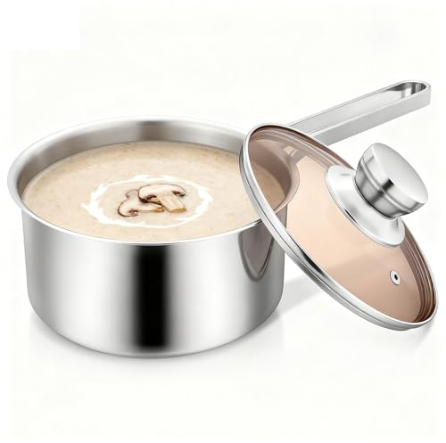 Casseruola da 18 cm, in acciaio inox con coperchio in vetro, piccola pentola a induzione a 3 strati, con manico lungo resistente al calore, adatta per la cottura quotidiana di zuppe e pasta