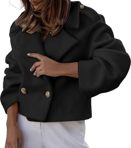 Foweknow Blazer élégant sportif pour femme - Couleur unie - Veste de costume - Manteau en laine - Coupe ample - Manteau d'hiver court - Col à revers - Mode mi-saison - Vêtement d'extérieur - Loisirs