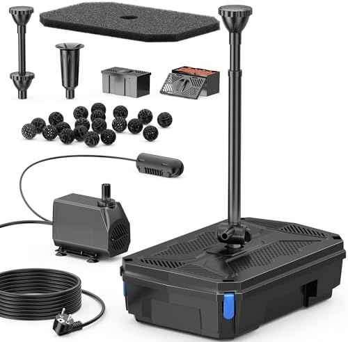 Biling Teichfilter Pumpe mit UV Klärer, Leise 2500L/H All-in-One Teichpumpe Komplettset mit Filter inklusive 3 Springbrunnen Düse für Gartenteiche bis 3000 Liter Fischhaltung und Algenbekämpfung
