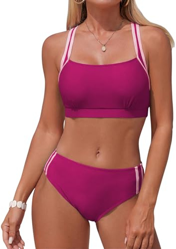 Adigaber Costume a Due Pezzi Donna Vita Media Monocolore Donna a Due Pezzi Bikini Abbigliamento da Spiaggia Imbottito Sportivo